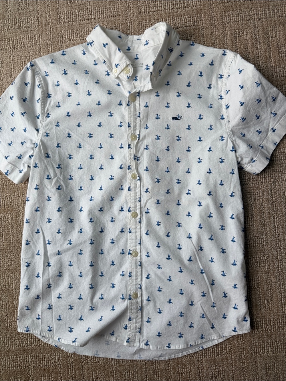 Vineyard Vines Boys White Button-Up Shirt with Blue Sailboat Print
